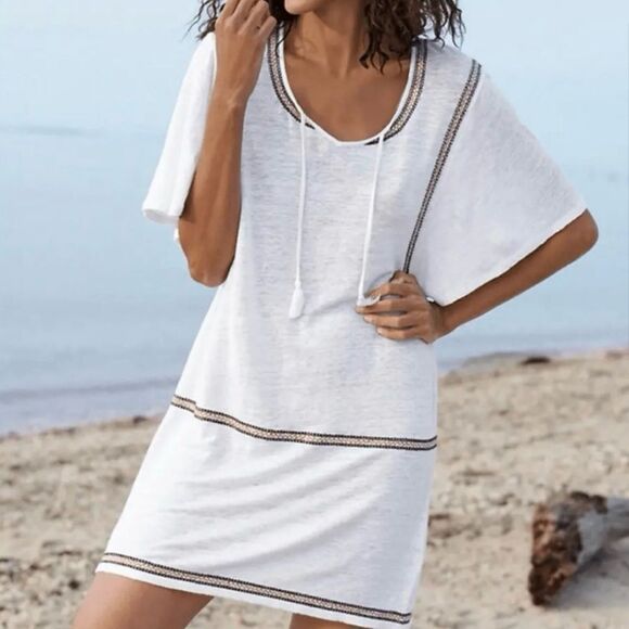 Garnet Hill Organic Linen Black Embroidered Beach Cover Up Dress - Picture 2 of 11